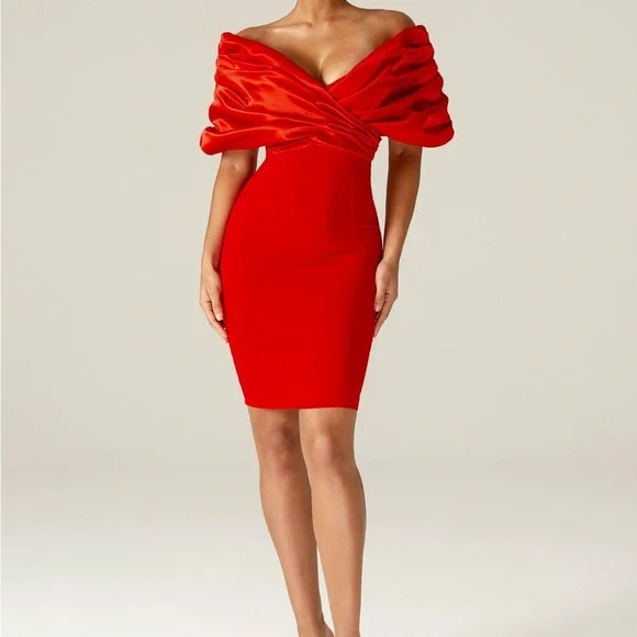 Alieva Red Off the Shoulder Cocktail Dress - Picture 2 of 8